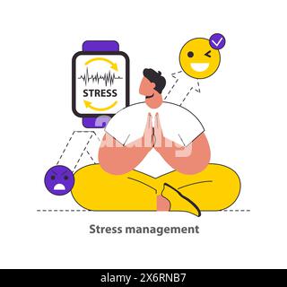 Stress Management concept Showcases the use of technology and mindfulness to monitor and manage stress levels for emotional balance Vector illustration Stock Vector