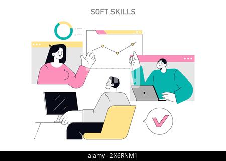 Soft Skills concept. Teamwork and effective communication in a professional setting. Collaboration, leadership, and problem-solving. Vector illustration. Stock Vector