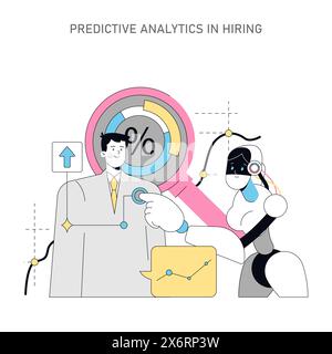 AI-powered recruitment concept. An illustration showing artificial intelligence assisting in hiring, with data analytics and candidate evaluation. Vector illustration. Stock Vector