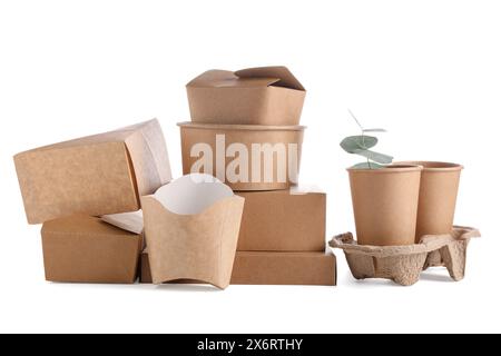 Eco friendly food packagings and eucalyptus leaves isolated on white Stock Photo