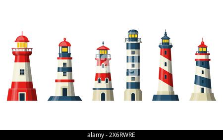 Lighthouse set of nautical towers with beacon lights. Sea coast or ocean beach rocks and lighthouse buildings icons with blue, red, white stripes and Stock Vector