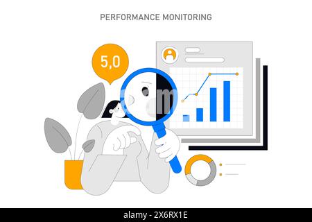 Performance monitoring concept. An analytical character examines data and statistics through a magnifying glass, conveying meticulous evaluation. Analysis, review, and inspection narrative. Vector illustration. Stock Vector