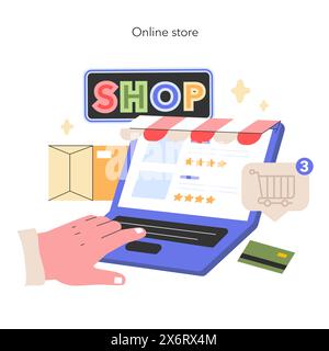 E-commerce Ease concept Hands finalize an online purchase, highlighting the convenience of digital shopping with a vibrant laptop display Vector illustration Stock Vector