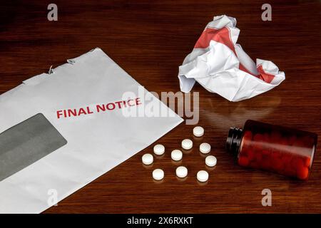 Spilled tablet bottle with final demand notice envelope and crumpled document on a wooden table top Stock Photo