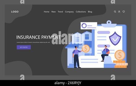 Insurance Payment concept. Individuals ensure home security through policy, showcasing timely premium payment and claim benefits. Assurance in property safety. Flat vector illustration. Stock Vector