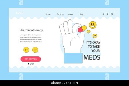 Neurosis, chronic stress or anxiety mental disorder treatment web banner or landing page. Psychotherapy and pharmacotherapy. It's ok to take medications. Hand holding a pill. Flat vector illustration Stock Vector