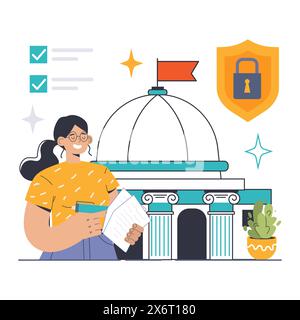 Governance in Action concept. Young professional outside institution, prioritizing security and policies. Structured decision-making, protecting data. Transparent processes. Flat vector illustration Stock Vector