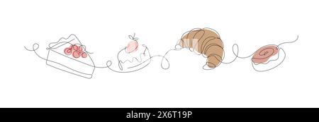 Bakery desserts cake, croissant, cupcake linear style silhouette drawing with color on white background Stock Vector