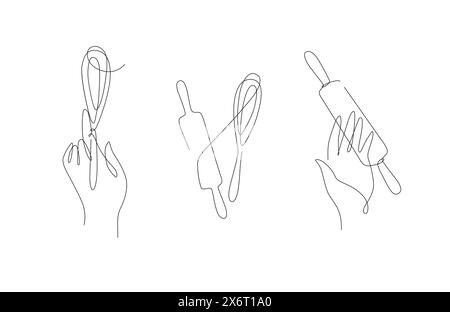 Bakery tools hand with whisk and rolling pin illustration drawing on white background Stock Vector