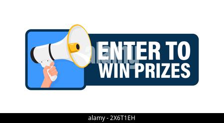 Enter to win prizes. Hand hold megaphone speaker for announce. Attention please. Shouting people, advertisement speech symbol. Stock Vector