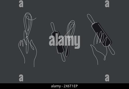 Bakery tools hand with whisk and rolling pin illustration drawing on black background Stock Vector