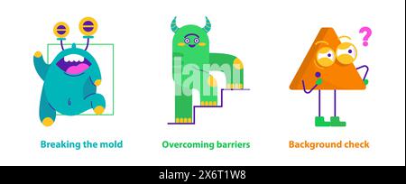 Monster Helpers set. Creative metaphor for facing challenges in business and life. Proactive problem solving. Vector illustration. Stock Vector
