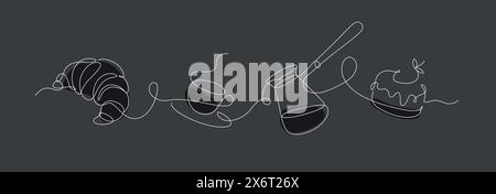 Bakery desserts cake, croissant, coffeepot and coffee cup linear style silhouette drawing on black background Stock Vector