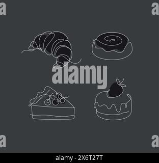 Bakery desserts cake, croissant, cupcake, bun icons drawing in linear style on black background Stock Vector