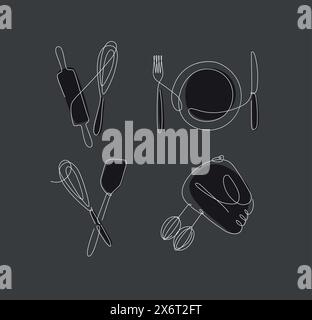 Kitchen appliances rolling pin, whisk, fork, knife, plate, spatula, mixer drawing in linear style on black background. Stock Vector