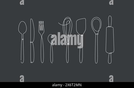 Kitchen appliances and cutlery spoon, fork, knife, teaspoon, whisk, rolling pin, spatula drawing in linear style on black background. Stock Vector