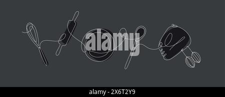 Kitchen tools whisk, spatula, plate, rolling pin silhouette drawing in linear style on black background Stock Vector