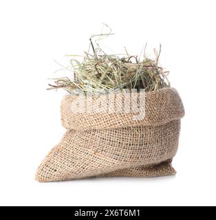 Dried hay in burlap sack isolated on white Stock Photo