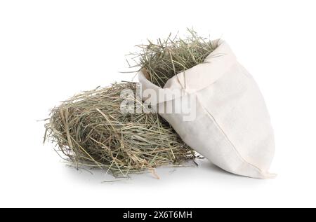 Dried hay in burlap sack isolated on white Stock Photo