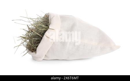 Dried hay in burlap sack isolated on white Stock Photo