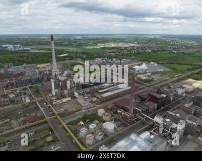 Krefeld Uerdingen chempark, chemical park, production of polycarbonates and polyamides in Germany. Aerial drone view. Stock Photo