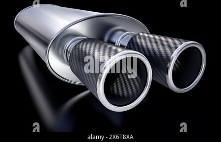 shiny carbon fiber steel car exhaust black background. automotive racing Stock Photo