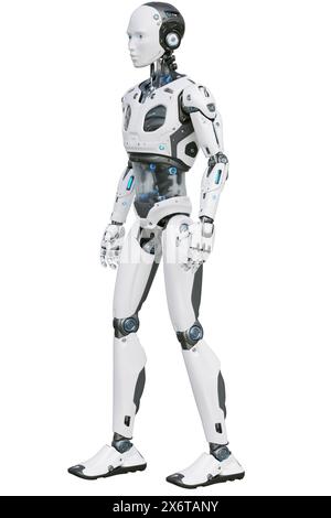 Robot android posing on a white background. 3D illustration Stock Photo