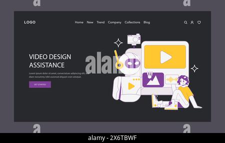AI for Video Creation concept. A robot assists a content creator with video editing tools on a website interface. Digital content production support. Vector illustration. Stock Vector