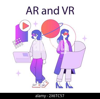 AR and VR concept. Two figures engage with augmented and virtual reality technology elements. Interaction with futuristic digital interfaces. Vector illustration. Stock Vector