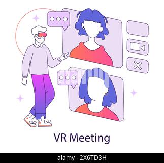 AR and VR Meeting concept. A person interacts with virtual interfaces during an augmented reality conference. Remote communication in the digital age. Vector illustration. Stock Vector