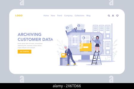 KYC web or landing page. Archiving Customer Data. Methodical organization and secure storage of client information, ensuring privacy and compliance. Flat vector illustration. Stock Vector