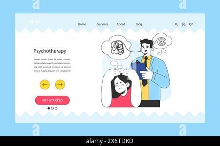 Neurosis web banner or landing page. Chronic stress and anxiety mental disorder. Psychotherapy. Psychiatrist consulting a patient. Thoughts and emotions analysis. Flat vector illustration Stock Vector