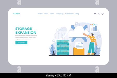 Storage Expansion web or landing page. Showcasing scalable storage solutions and cloud capacity growth. Emphasizing on increasing data volume management. Flat vector illustration. Stock Vector