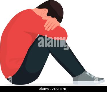 Depressed lonely man sitting on the floor and crying, mental health concept, isolated Stock Vector
