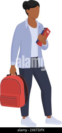 Adult female student holding her books and a backpack, learning and education concept Stock Vector