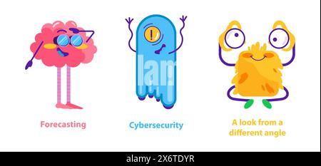 Monster Helpers set. Whimsical creatures representing forecasting, cybersecurity, and innovation. Creative expression in digital concepts. Vector illustration. Stock Vector