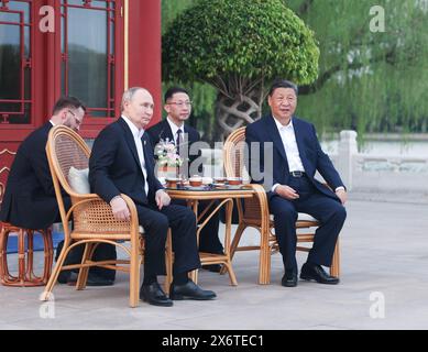 Beijing, China. 16th May, 2024. Chinese President Xi Jinping holds a restrictive meeting with Russian President Vladimir Putin at Zhongnanhai in Beijing, capital of China, May 16, 2024. Credit: Ju Peng/Xinhua/Alamy Live News Stock Photo