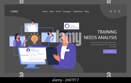 Training Needs Analysis process where a professional woman with a clipboard collaborates with team members via digital interfaces. A lightbulb indicates idea. Team-driven skill assessment. Flat vector Stock Vector