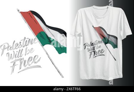 A design of a white t-shirt with the flag of Palestine that reads 'Palestine will be free' Stock Vector