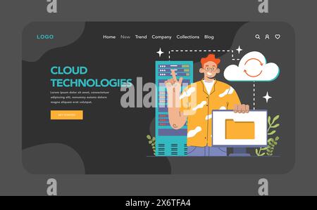 Cloud technology web banner or landing page dark or night mode. Big data storage and exchange. Cloud computing, hosting security. Digital information management. Vector flat illustration Stock Vector
