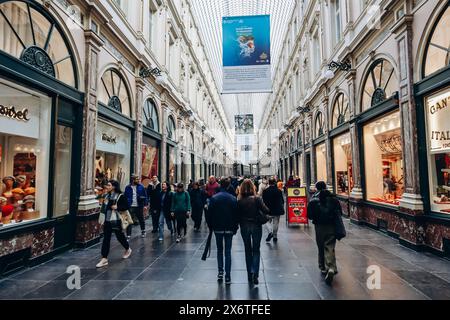 Brussels, Belgium - October 21, 2023: The Royal Saint-Hubert Galleries, an ensemble of three glazed shopping arcades in central Brussels, Belgium. Stock Photo