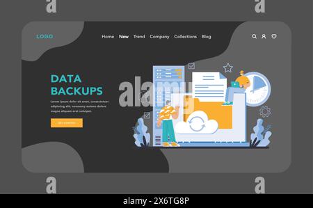 Data backups night or dark mode web or landing page. Secure cloud storage and timely data synchronization. Preventive strategies for data loss and efficient recovery. Flat vector illustration. Stock Vector