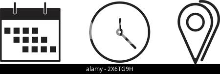 Vector illustration of a calendar with clock and position. Set of date, time and address icons Stock Vector