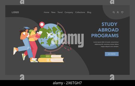 Global learning adventure. Eager international students with globe map and flying plane, symbolizing the exciting opportunities of study abroad programs. Education possibilities. Flat vector Stock Vector