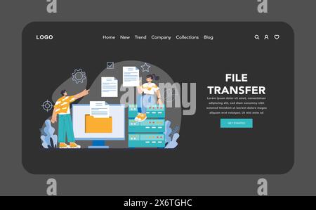 File Transfer night or dark mode web or landing page. Efficient data sharing and server communication depicted. Highlighting the ease of digital document exchange. Flat vector illustration. Stock Vector