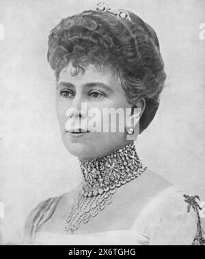 A portrait of Queen Mary of Teck, taken during the First World War, circa 1915. Mary, the wife of King George V, served as Queen consort from 1910 to 1936. Known for her strong sense of duty and support for war efforts, Queen Mary played a significant role in boosting morale on the home front and supporting charitable causes during the war. Stock Photo