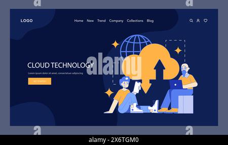 Cloud technology concept. Digital connectivity with a cloud, global network, and people using devices. Web page design template. Vector illustration. Stock Vector