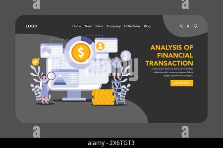 KYC night or dark mode web or landing page. Financial Transaction Analysis. Precise scrutiny of monetary exchanges to detect discrepancies, ensuring financial integrity. Flat vector illustration. Stock Vector