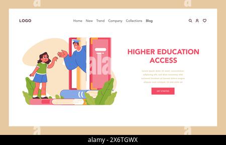 Higher education access concept. Young girl looking up in awe at a graduate emerging from a giant book, symbolizing the aspiration and journey of academic achievements. Flat vector illustration Stock Vector