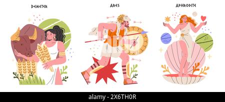 Ancient Greek Gods concept. Mythological deities Demeter, Ares, and Aphrodite in colorful, modern interpretations. Unique representation of classic legends. Vector illustration. Stock Vector